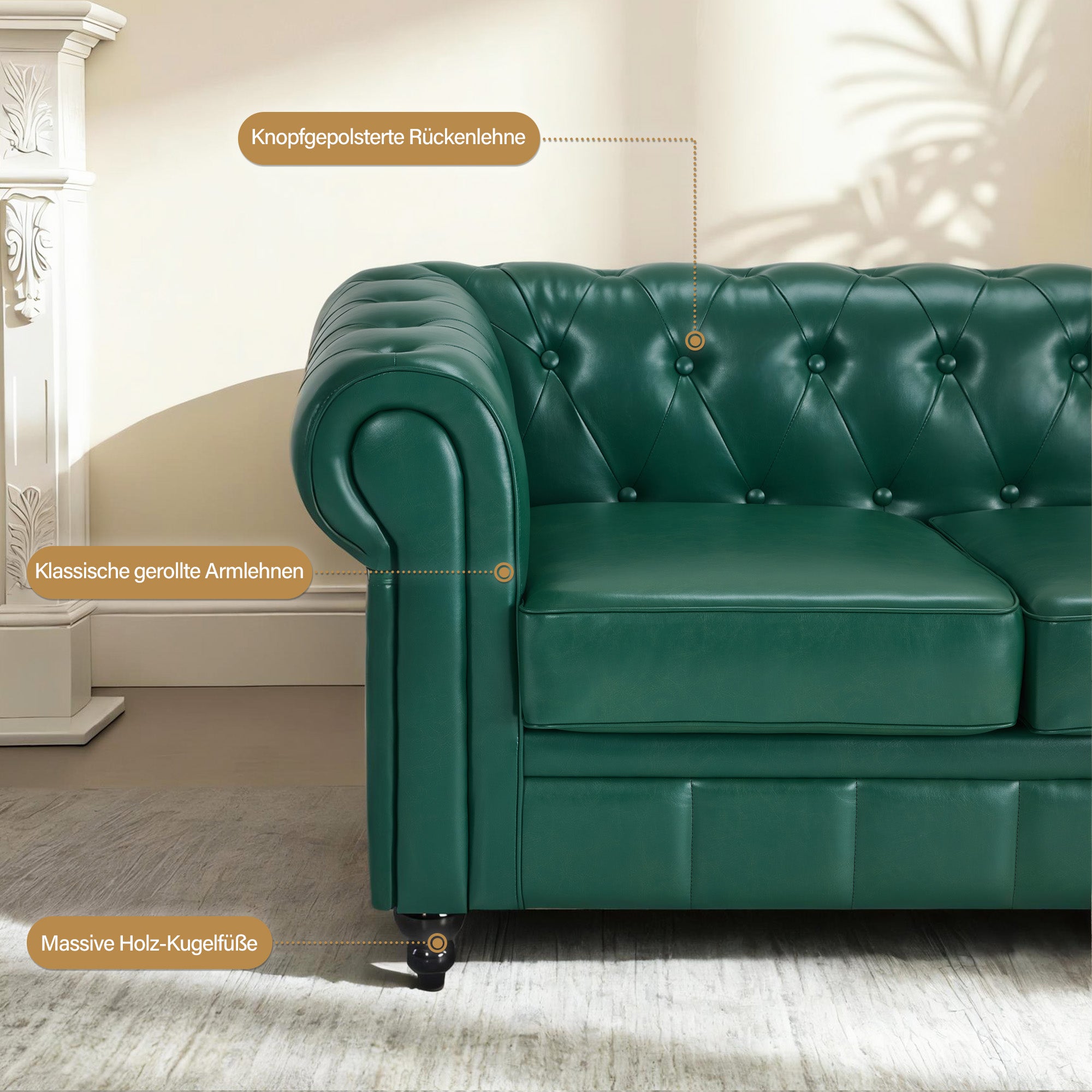 BarberPub Canapé Chesterfield 3 Places 208 cm, Banquette d'attente Vintage pour Salon de Coiffure, Banc avec Dossier et Accoudoirs Canapé 3 Places, Mobilier de Salon de Coiffure Classique W536