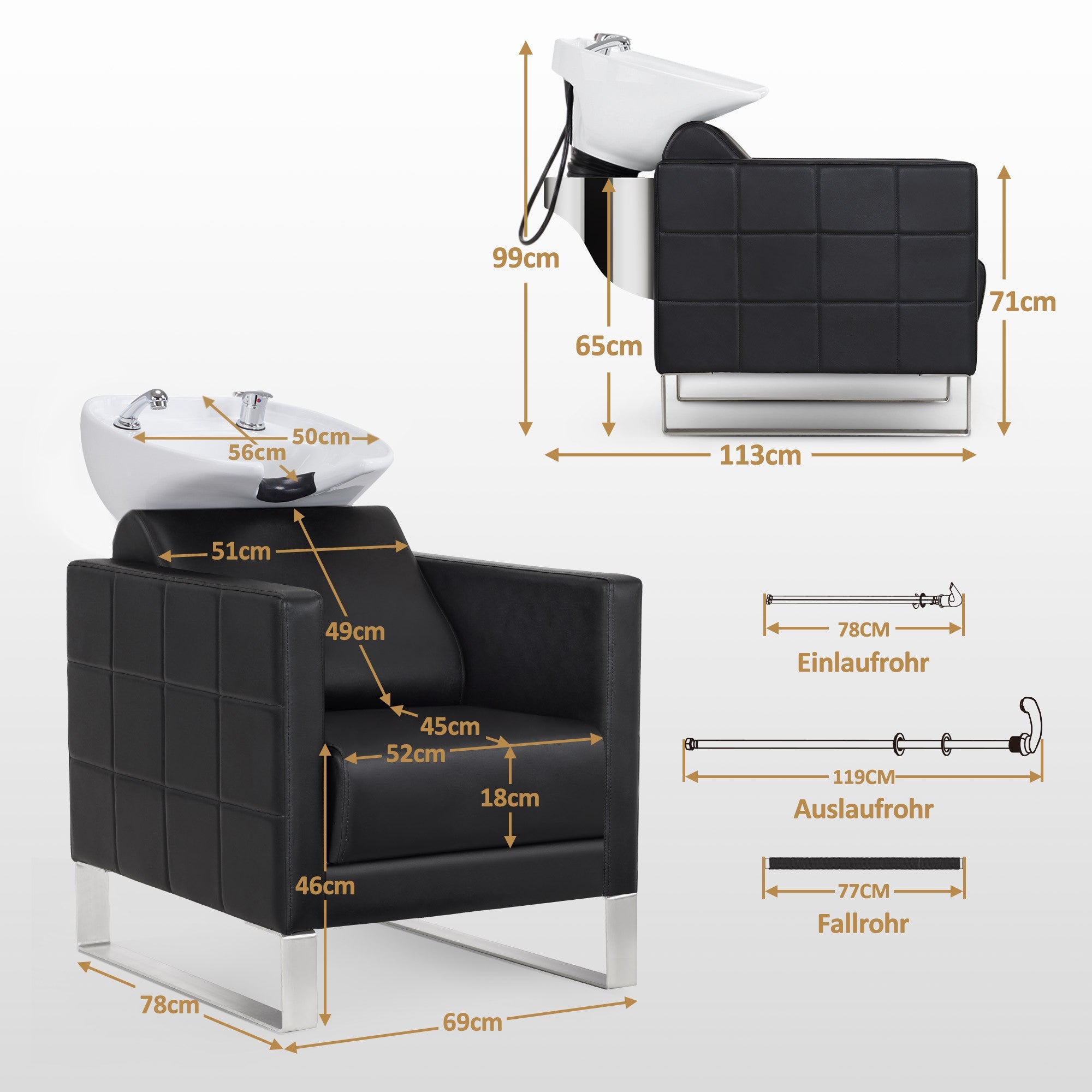 Fauteuil de barbier BarberPub avec lavabo et base en acier inoxydable, lavabo en céramique réglable, fauteuil de lavage pour salon de coiffure SPA 8611