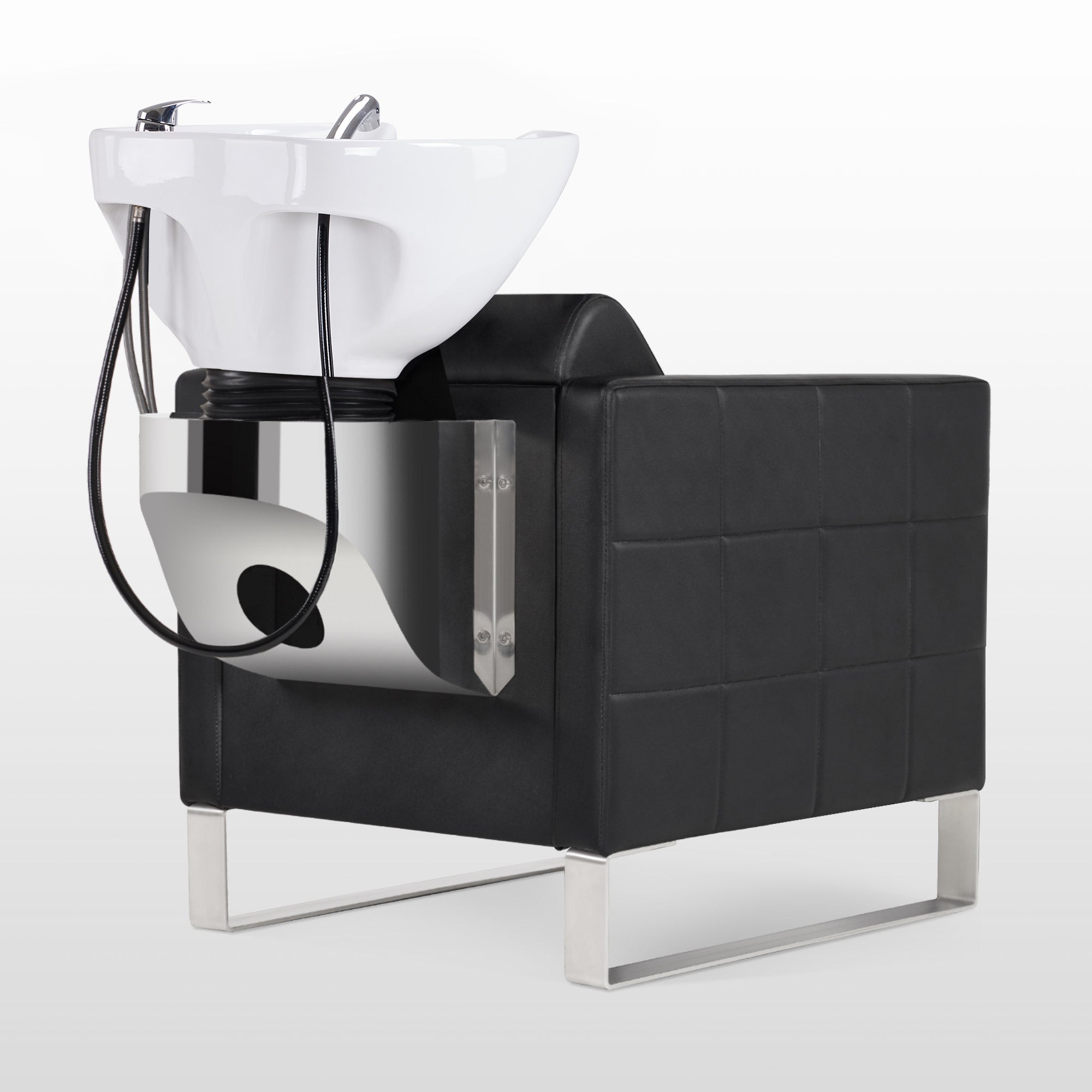 Fauteuil de barbier BarberPub avec lavabo et base en acier inoxydable, lavabo en céramique réglable, fauteuil de lavage pour salon de coiffure SPA 8611