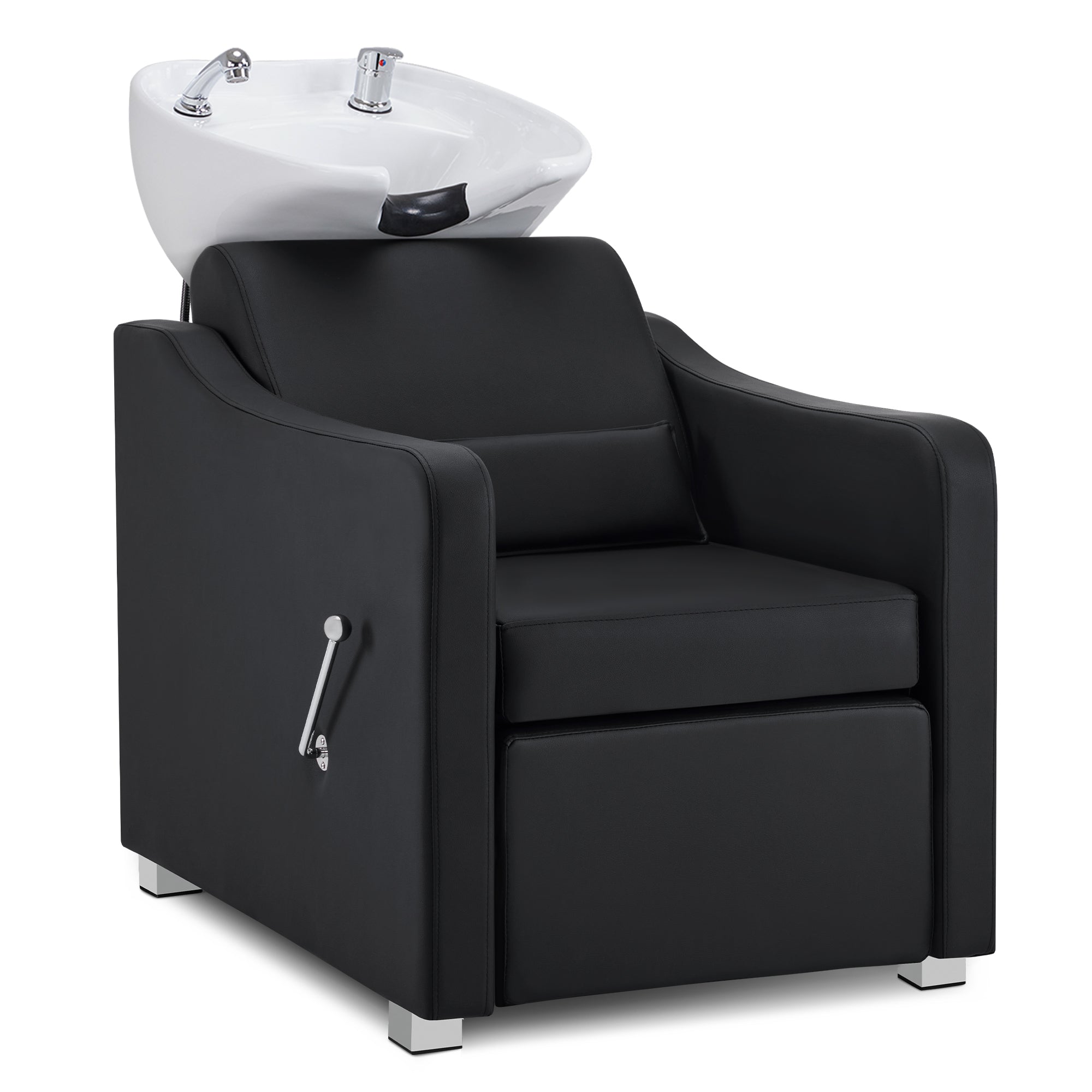 Fauteuil de barbier BarberPub avec lavabo intégré, repose-jambes pliable, lavabo en céramique réglable, poste de lavage pour salon de coiffure et spa, W8675