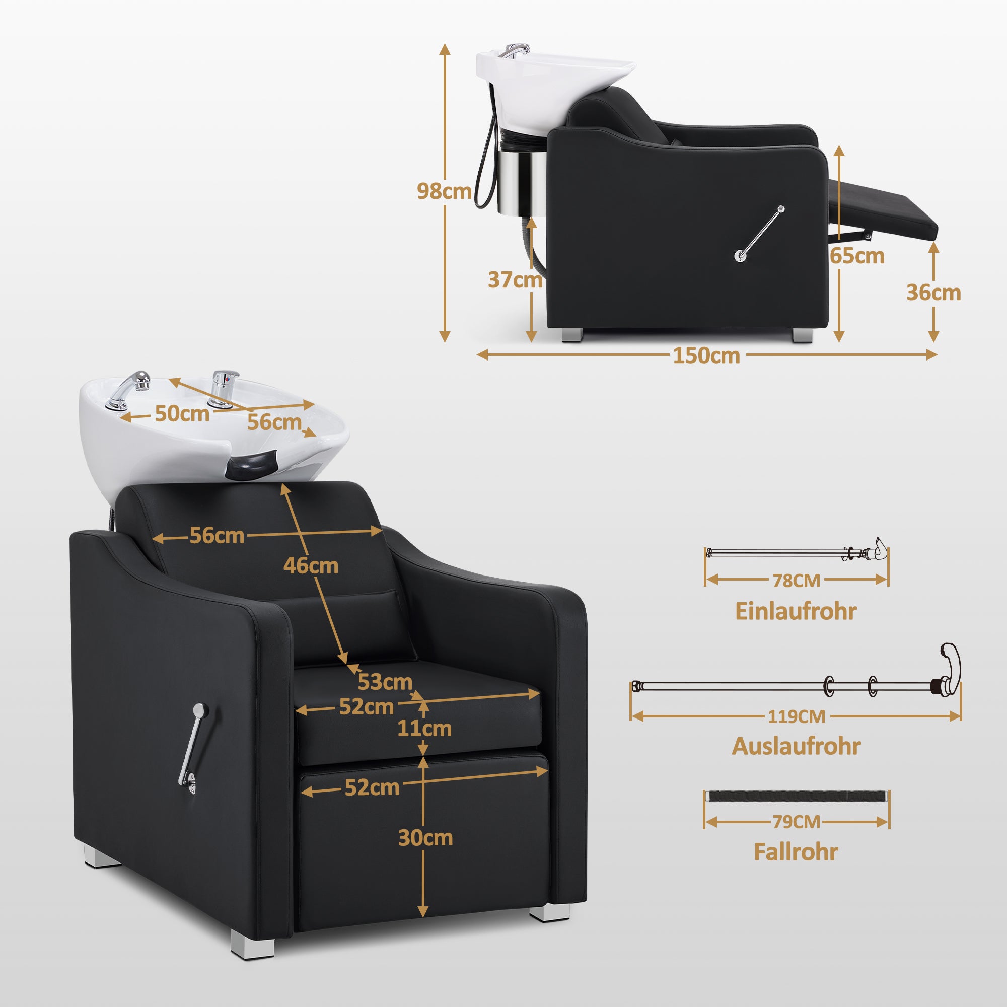Fauteuil de barbier BarberPub avec lavabo intégré, repose-jambes pliable, lavabo en céramique réglable, poste de lavage pour salon de coiffure et spa, W8675