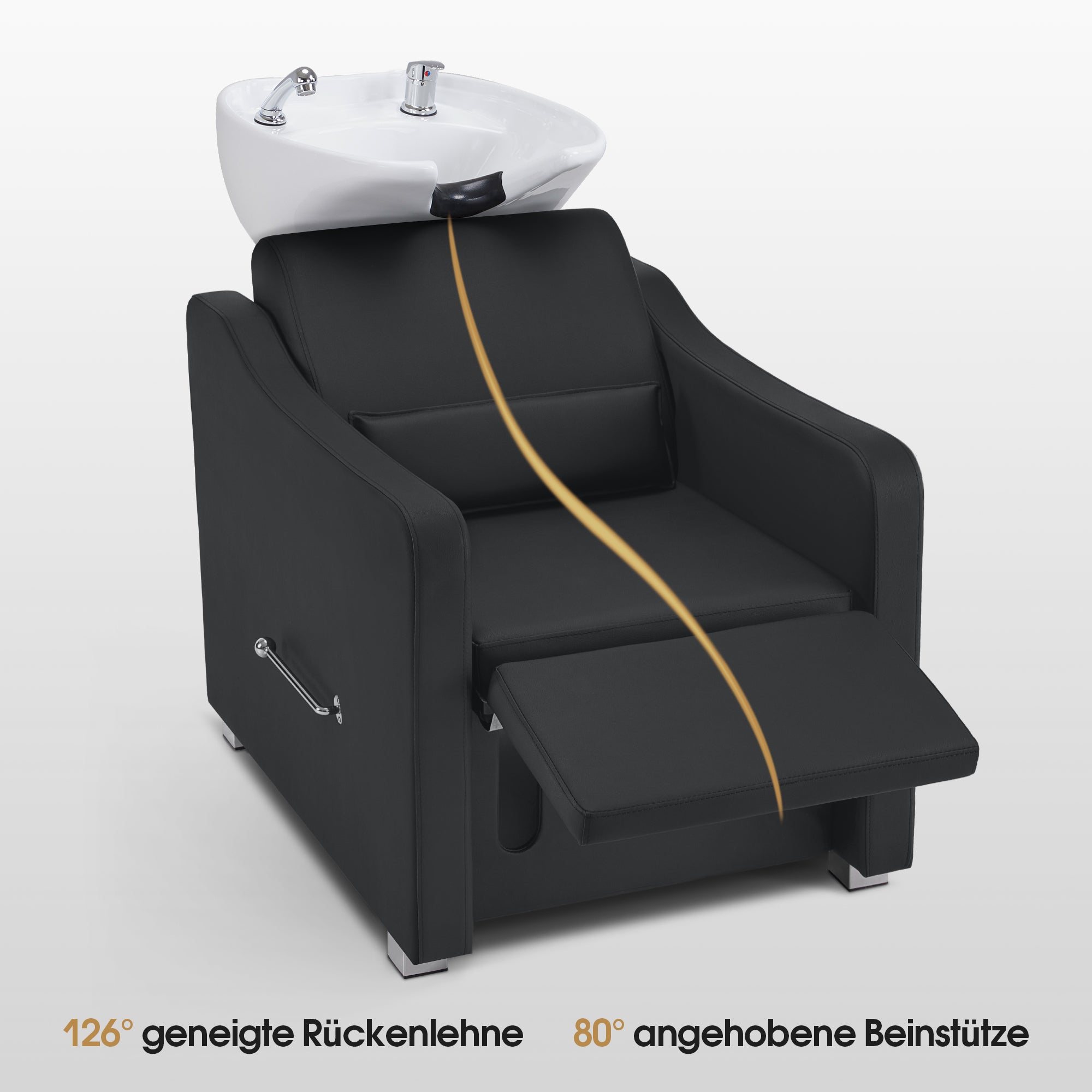 Fauteuil de barbier BarberPub avec lavabo intégré, repose-jambes pliable, lavabo en céramique réglable, poste de lavage pour salon de coiffure et spa, W8675