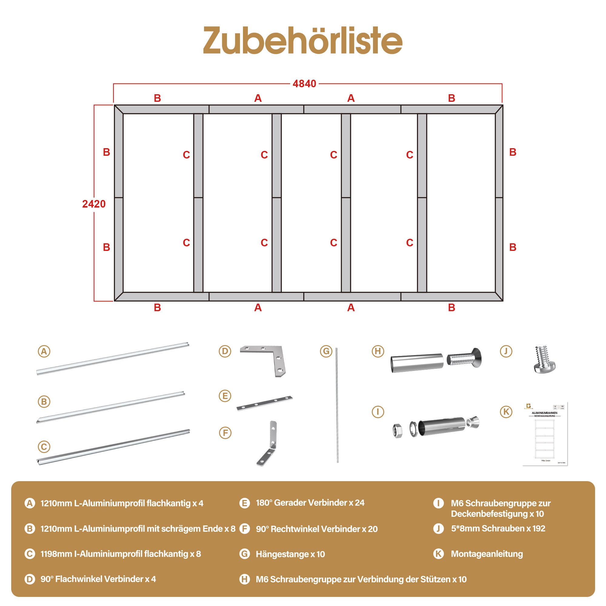 Cadre en aluminium BarberPub pour luminaire LED hexagonal pour garage LP003/LP004/LP005, accessoires de montage pour installation au plafond, fixation stable pour atelier et salon de coiffure, 242 × 484 cm