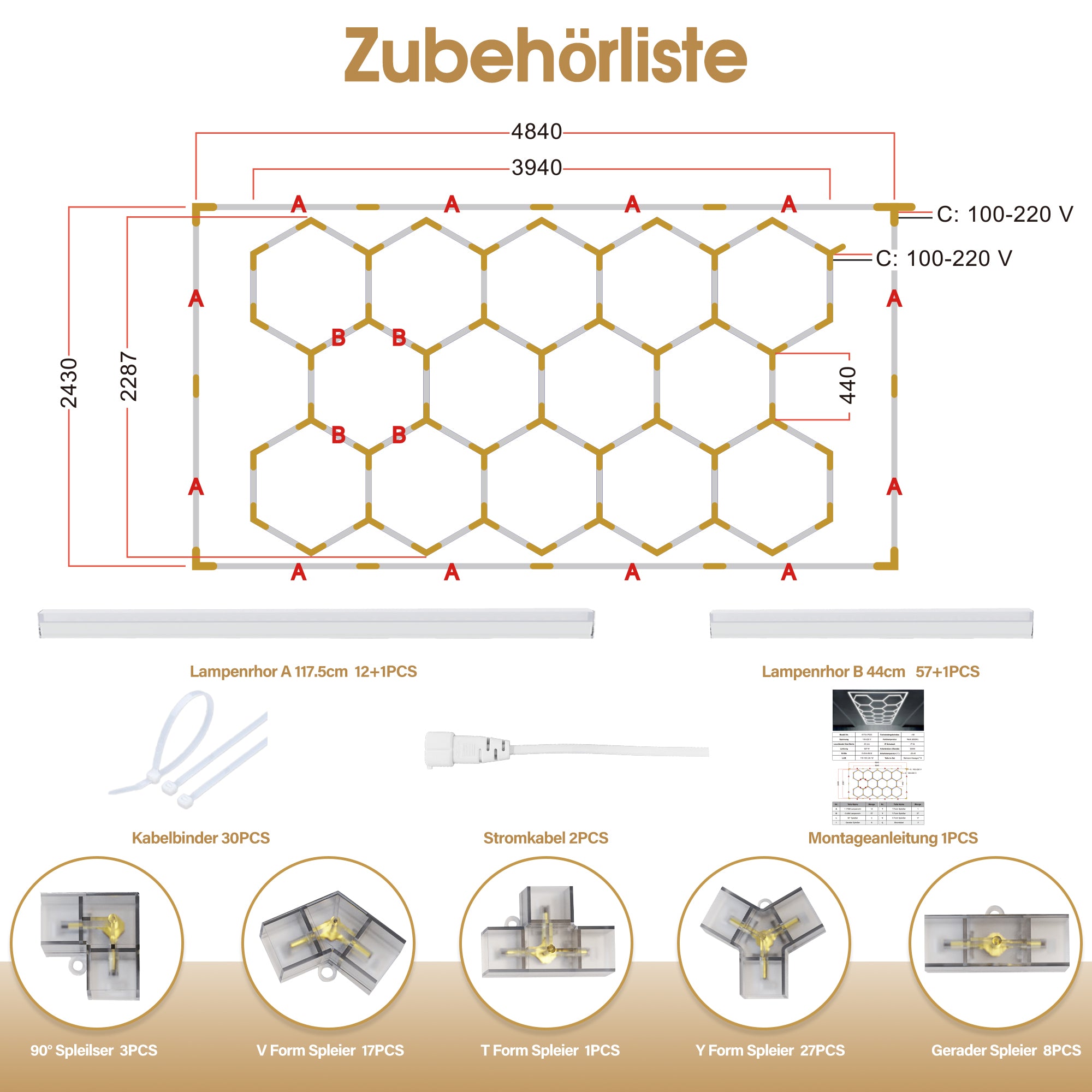 Éclairage LED hexagonal pour garage, 68 970 lm, 6 500 K, pour atelier, salon de coiffure, grille 14