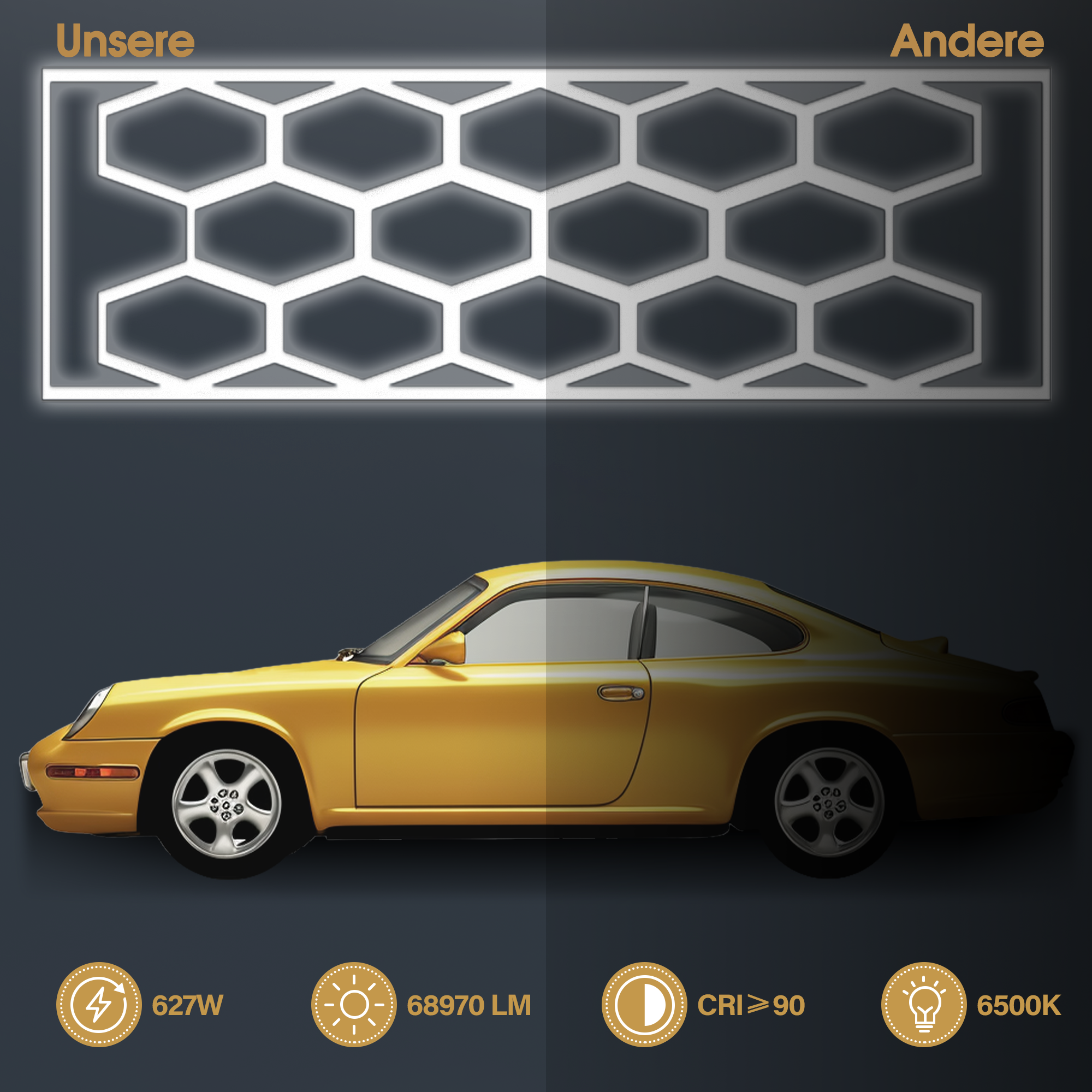 Éclairage LED hexagonal pour garage, 68 970 lm, 6 500 K, pour atelier, salon de coiffure, grille 14
