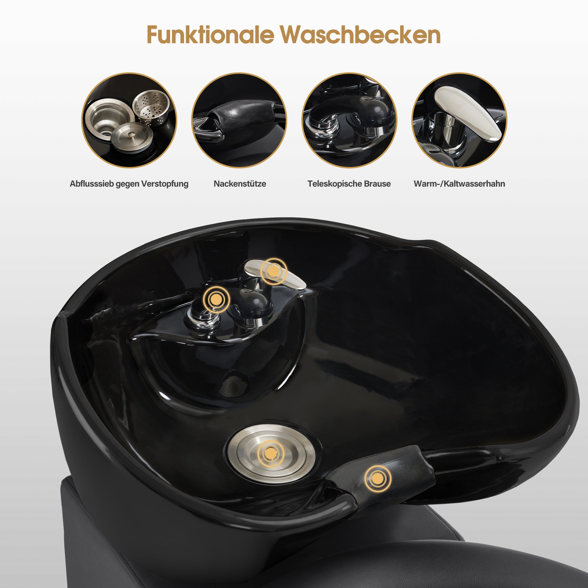 Barberpub Hairdressing Chair with Sink, Adjustable Ceramic Hairdressing Sink, Reversible Wash Chair with Footstool, Hairdressing Wash Chair for SPA Salon, Hairdresser Wash Station Retro 8037 (Gold-Black/PVC)