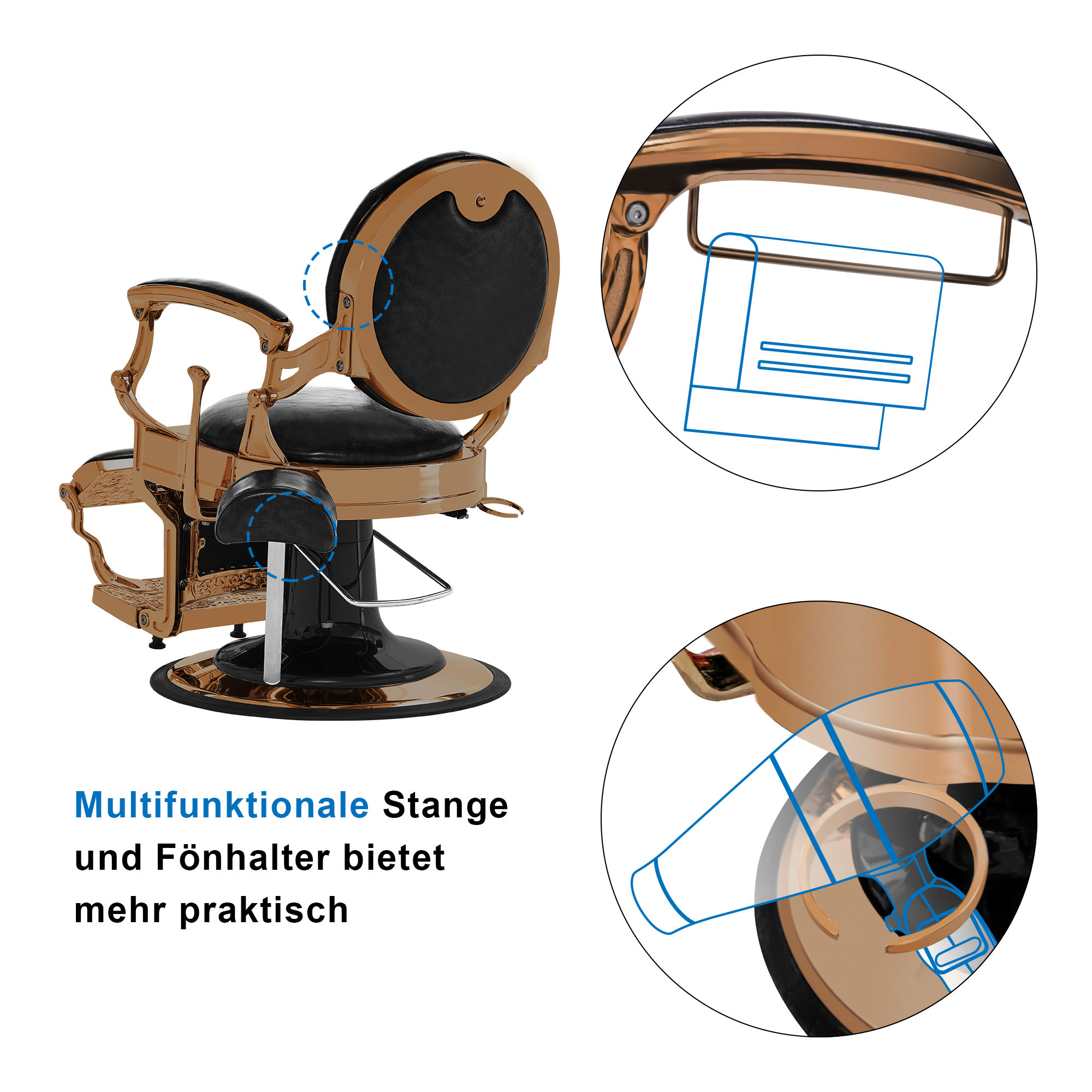 Barberpub hairdressing chair hydraulic hairdressing chair 2933, with retro/vintage style, 360° rotatable, imitation leather, gold frame/rose gold frame, 113 × 68 × 109 cm