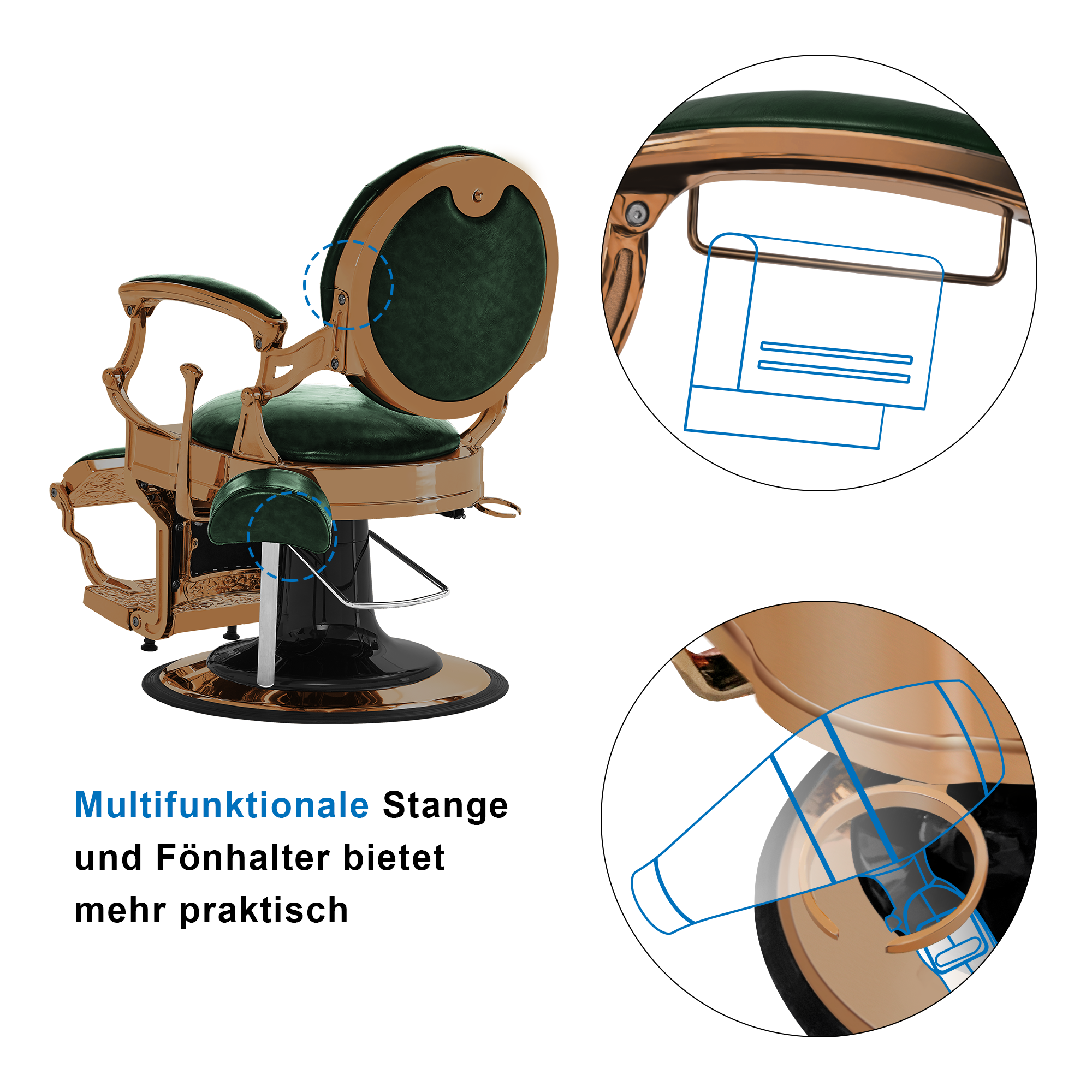 Barberpub hairdressing chair hydraulic hairdressing chair 2933, with retro/vintage style, 360° rotatable, imitation leather, gold frame/rose gold frame, 113 × 68 × 109 cm