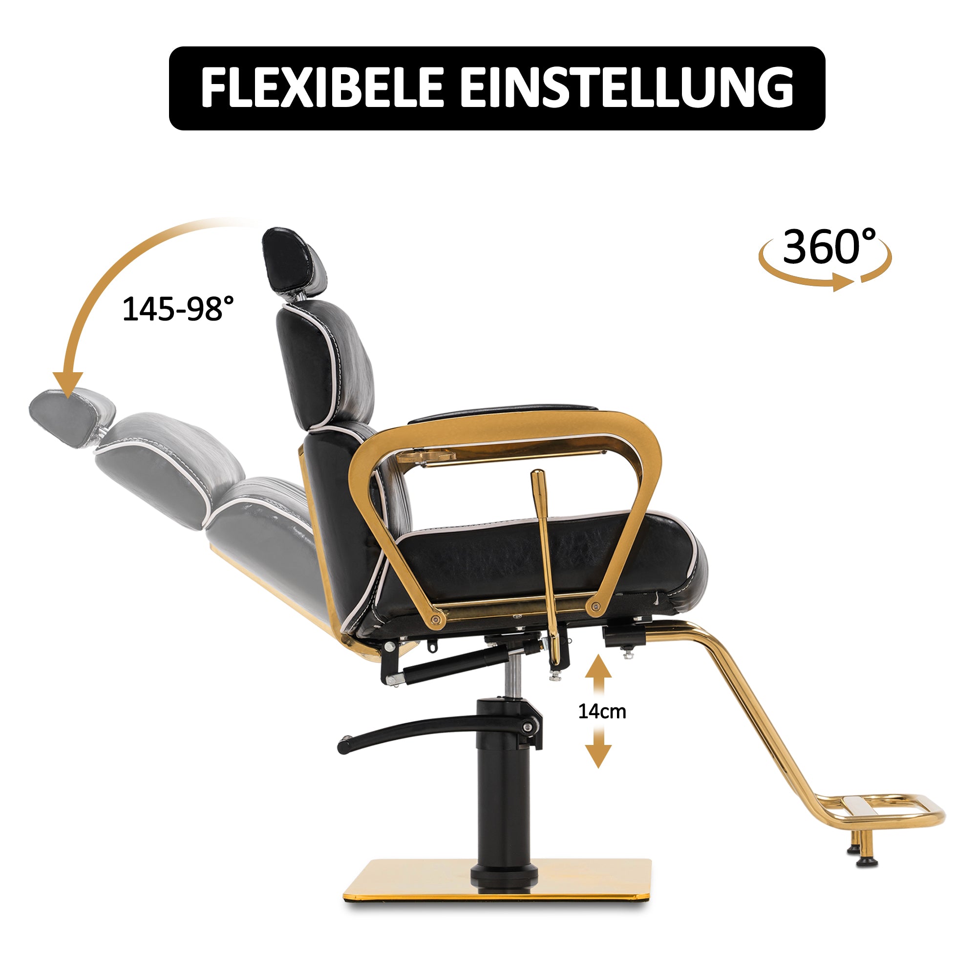 Fauteuil de coiffure Barberpub avec appui-tête, réglable en hauteur et inclinable, style rétro vintage, similicuir, 3078 (noir et or)