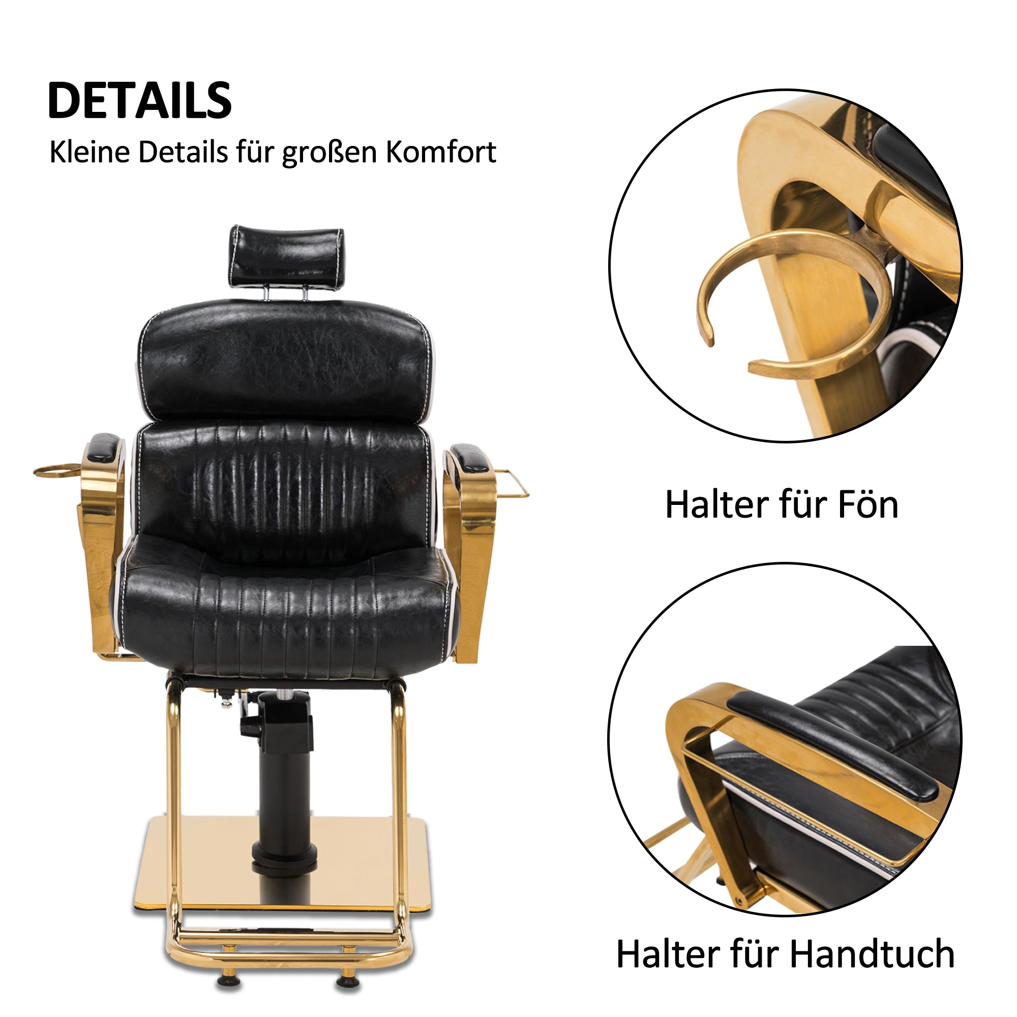 Fauteuil de coiffure Barberpub avec appui-tête, réglable en hauteur et inclinable, style rétro vintage, similicuir, 3078 (noir et or)