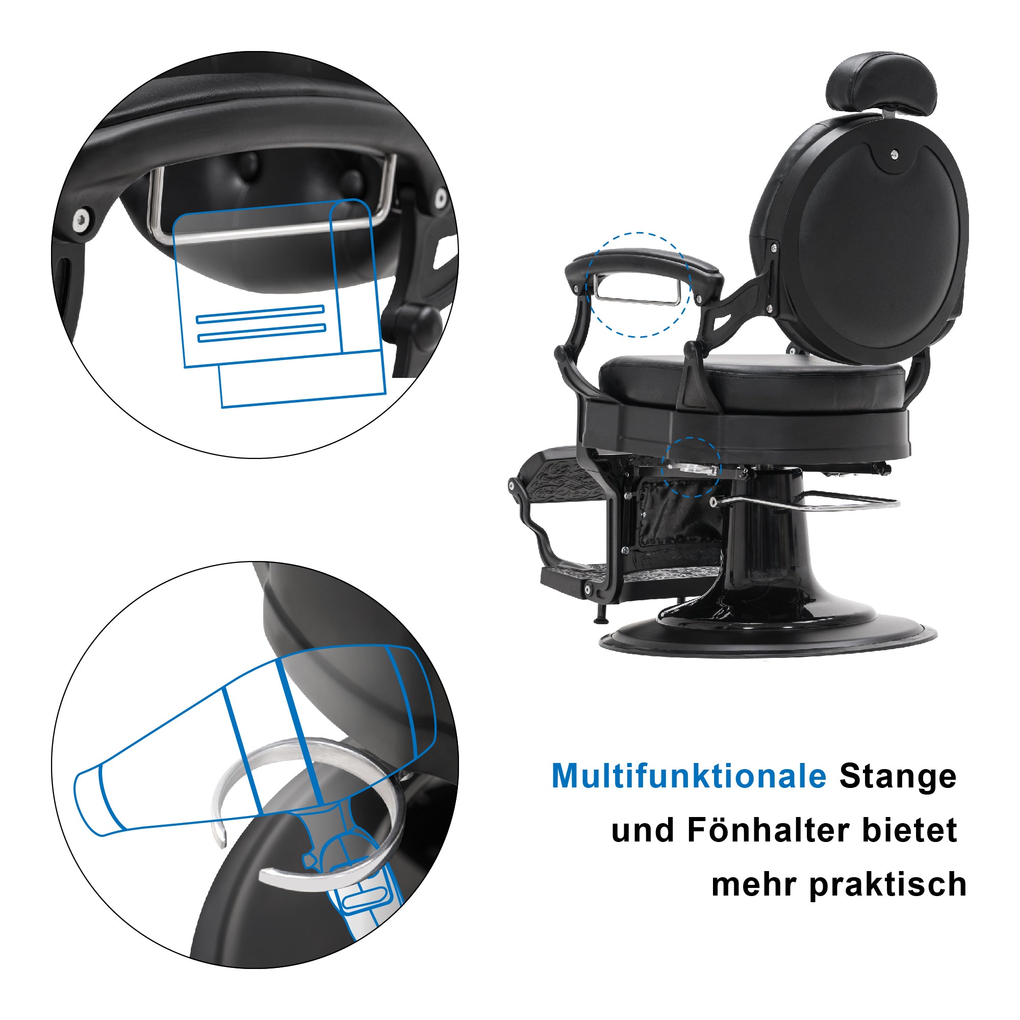 Barberpub hairdressing chair with retro/vintage style, matte black 2933BK, with retro/vintage style, 360° rotatable, imitation leather, 113 × 68 × 109 cm