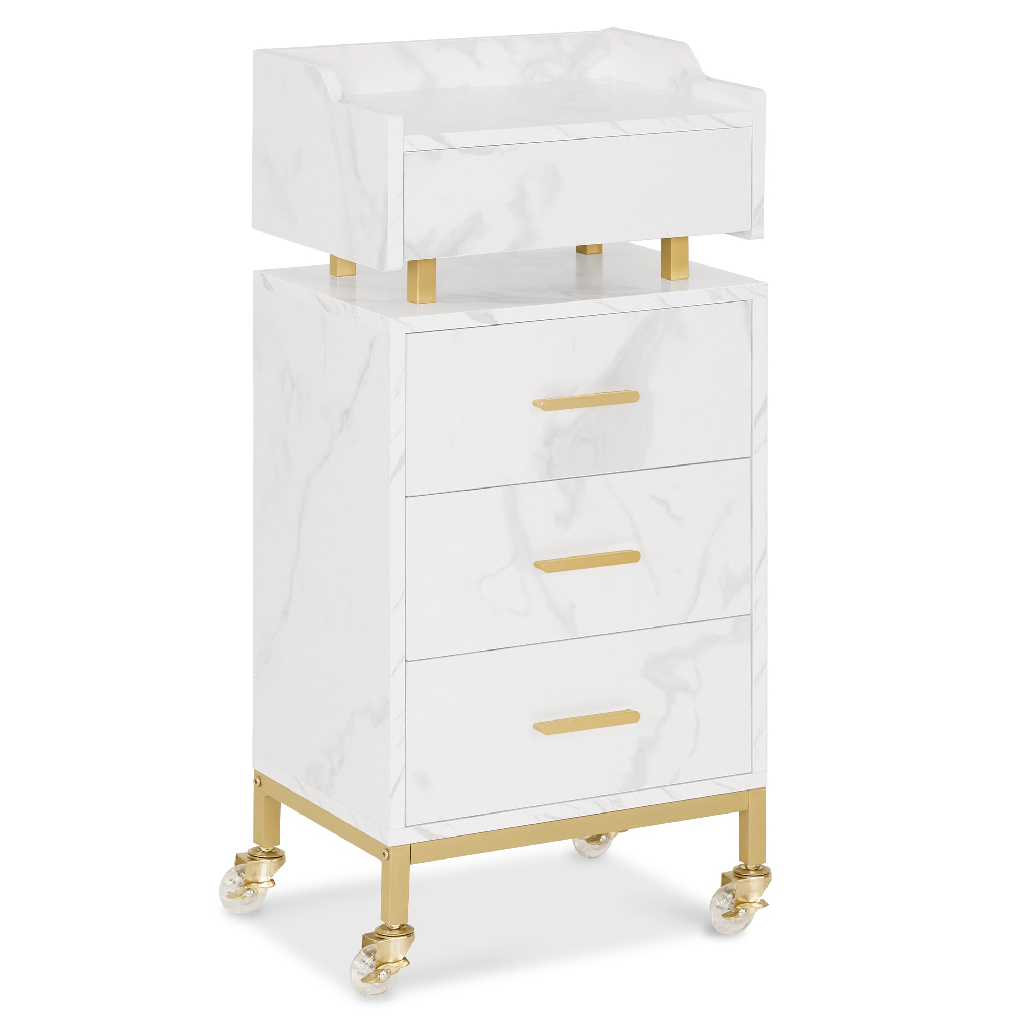 Desserte BarberPub à roulettes et 4 tiroirs, chariot de coiffure blanc, chariot de salon avec rangement, chariot de travail moderne pour salle de bain ou salon, 30 x 40 x 86,5 cm, 0062
