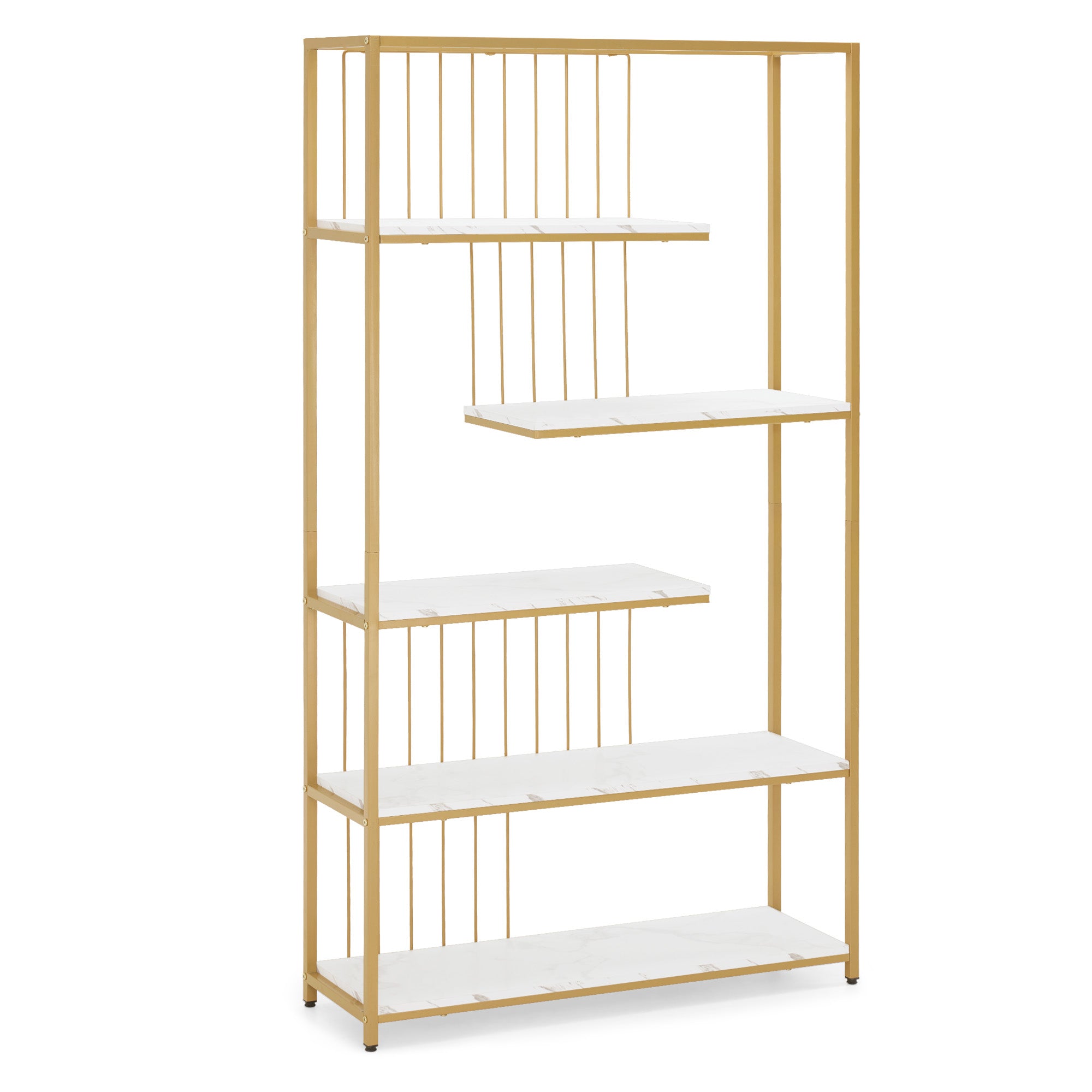 Bibliothèque BarberPub, étagère sur pied à 5 niveaux, étagère de bureau avec cadre en métal, étagère pour bureau, salon, chambre, cuisine, salon de manucure, marbre blanc doré, 30 x 100 x 180 cm, 5177