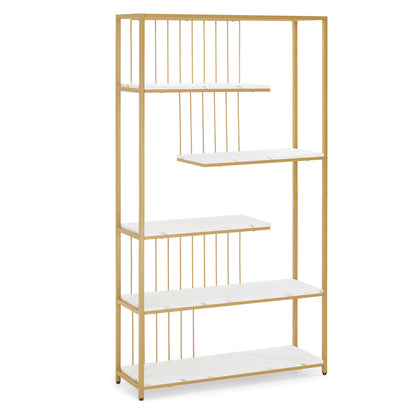 BarberPub Bücherregal, Standregal mit 5 Ebenen, Büroregal mit Metallrahmen, Regal für Büro, Wohnzimmer, Schlafzimmer, Küche, Nagelstudio, Marmor-Weiß Gold, 30x100x180cm, 5177