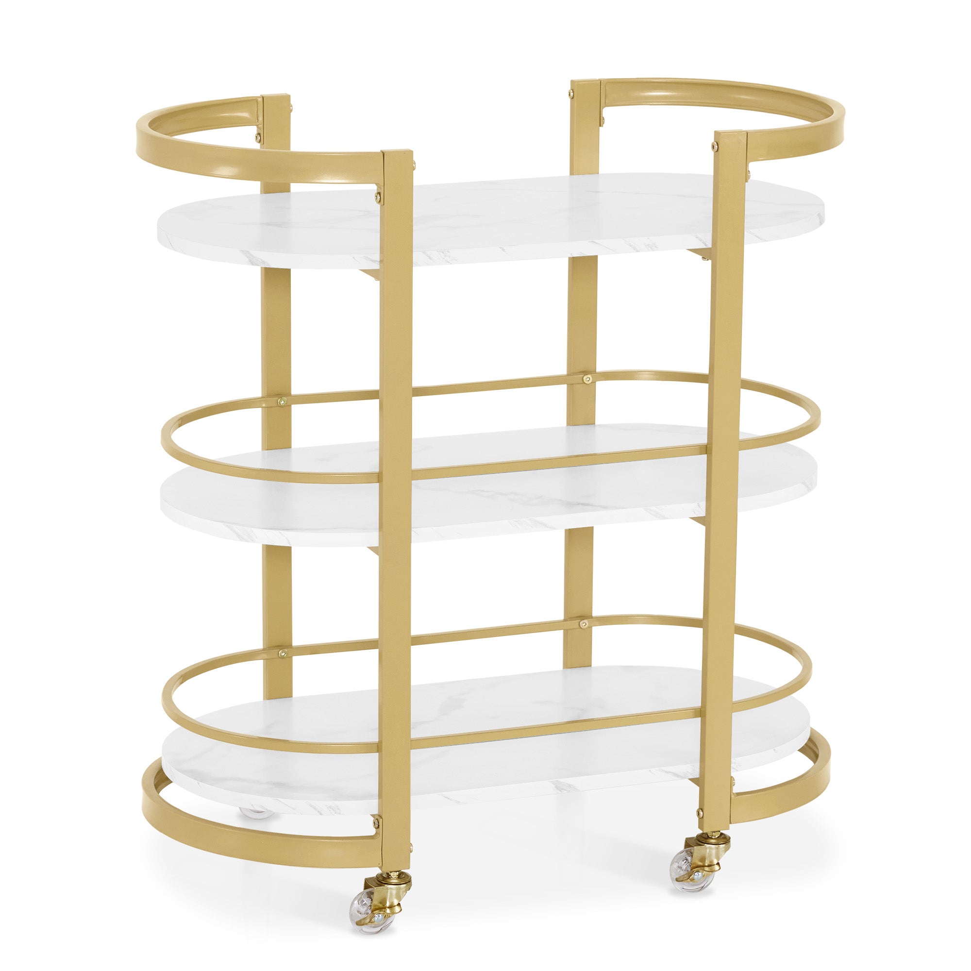 Desserte de bar BarberPub à roulettes, cadre en métal blanc et doré, moderne et polyvalente à 3 niveaux, pour cuisine, salle de bain, salon, bureau, 40 x 75,5 x 80 cm, 0034