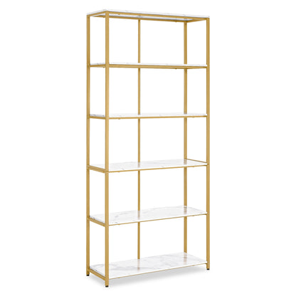 BarberPub Étagère Dorée, Étagère sur Pieds à 5 Niveaux, Étagère de Bureau avec Cadre Métallique, Étagère pour Bureau, Salon, Chambre, Cuisine, Salon de Manucure, 30x80x180cm, 5166
