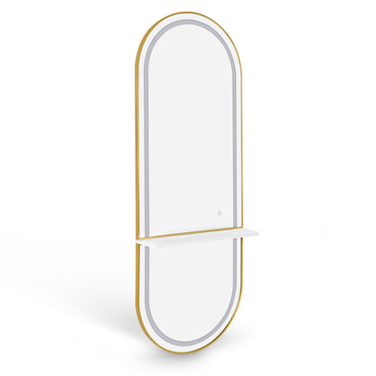 BarberPub Wall Mirror with Lighting, Full-Length Mirror with Aluminum Frame, Large Mirror with Shelf, Touch Switch, 3 Light Colors Dimmable, for Hair Salon, 17x65x177 cm, J6270
