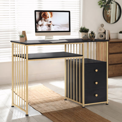 BarberPub Table de manucure avec 3 tiroirs & 2 étagères, table à ongles en bois et structure métallique, table de nail art pour salon de beauté, 45,5x109x81cm, 2407