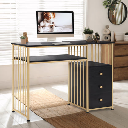 Bureau de barbier avec tiroirs, coiffeuse sans miroir, table à ongles en bois avec cadre en métal, table d'ordinateur pour le salon, moderne, 109 x 45,5 x 81 cm, 2407 
