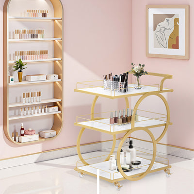 BarberPub carrello da servizio con ruote, carrello da cucina e bar in metallo bianco e oro, moderno carrello multiuso con 3 ripiani, per cucina, bagno, soggiorno e centro estetico, 65x43x70, 0074