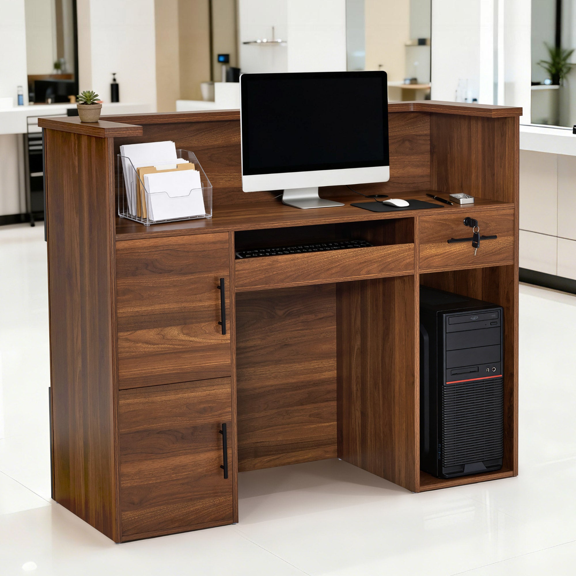 BarberPub Reception Desk with 2 Drawers & 3 Cabinets, Lockable Reception Table, Wooden Reception Counter, Reception Desk Cashier Desk for Hair Salon, 55x120x110 cm, R9760 (Brown)
