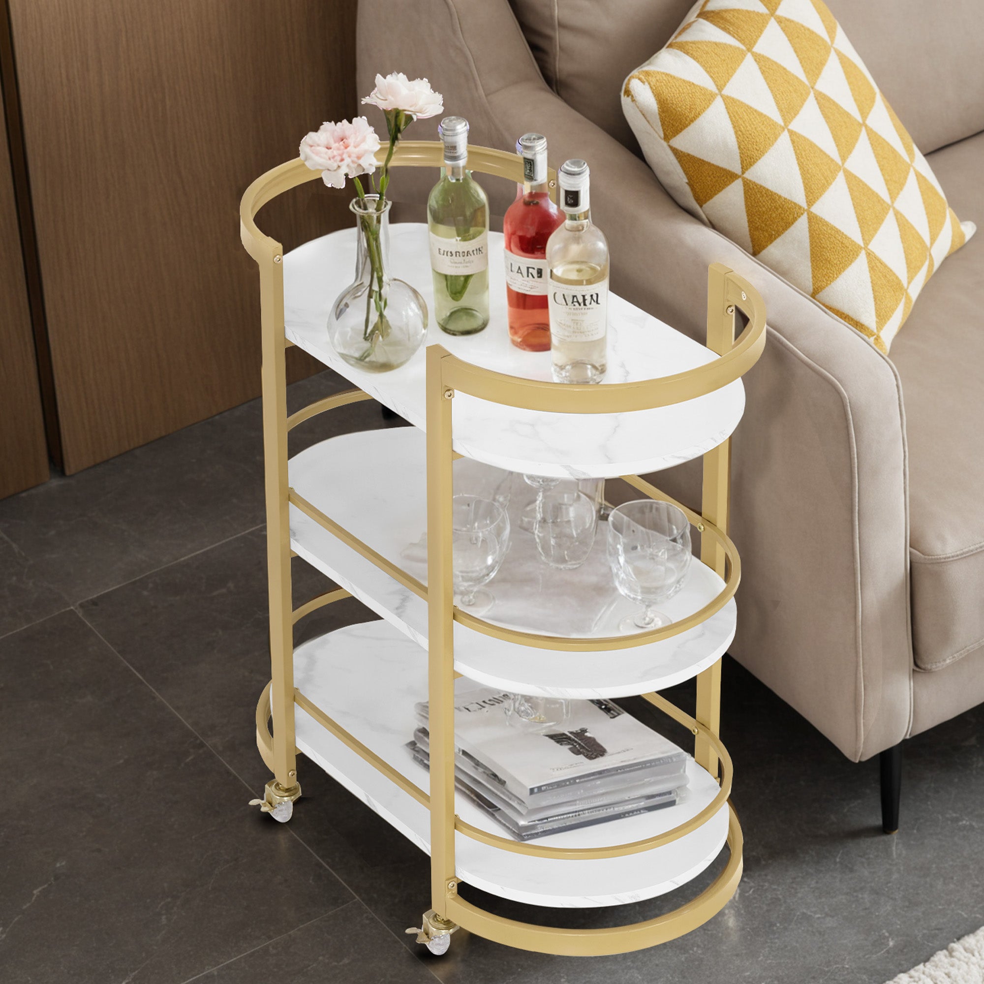 Desserte de bar BarberPub à roulettes, cadre en métal blanc et doré, moderne et polyvalente à 3 niveaux, pour cuisine, salle de bain, salon, bureau, 40 x 75,5 x 80 cm, 0034