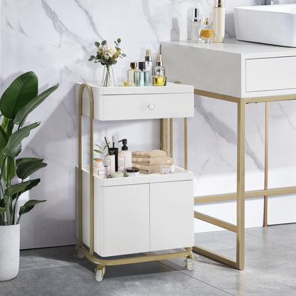 Desserte BarberPub avec roulettes et tiroir, desserte de coiffure blanc-doré, desserte de salon avec 2 étagères et armoire, desserte de travail moderne pour salle de bain et salon, 36 x 50 x 87 cm, 0086