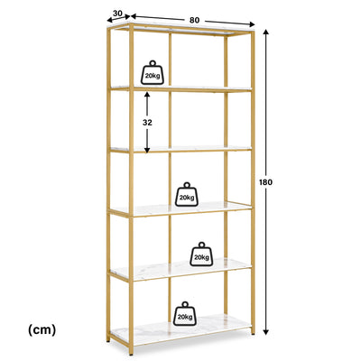 Libreria BarberPub color oro, scaffale autoportante a 5 ripiani con struttura in metallo, scaffale per ufficio, soggiorno, camera da letto, cucina e studio di bellezza, 30x80x180 cm, 5166