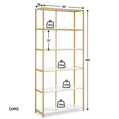 BarberPub Étagère Dorée, Étagère sur Pieds à 5 Niveaux, Étagère de Bureau avec Cadre Métallique, Étagère pour Bureau, Salon, Chambre, Cuisine, Salon de Manucure, 30x80x180cm, 5166