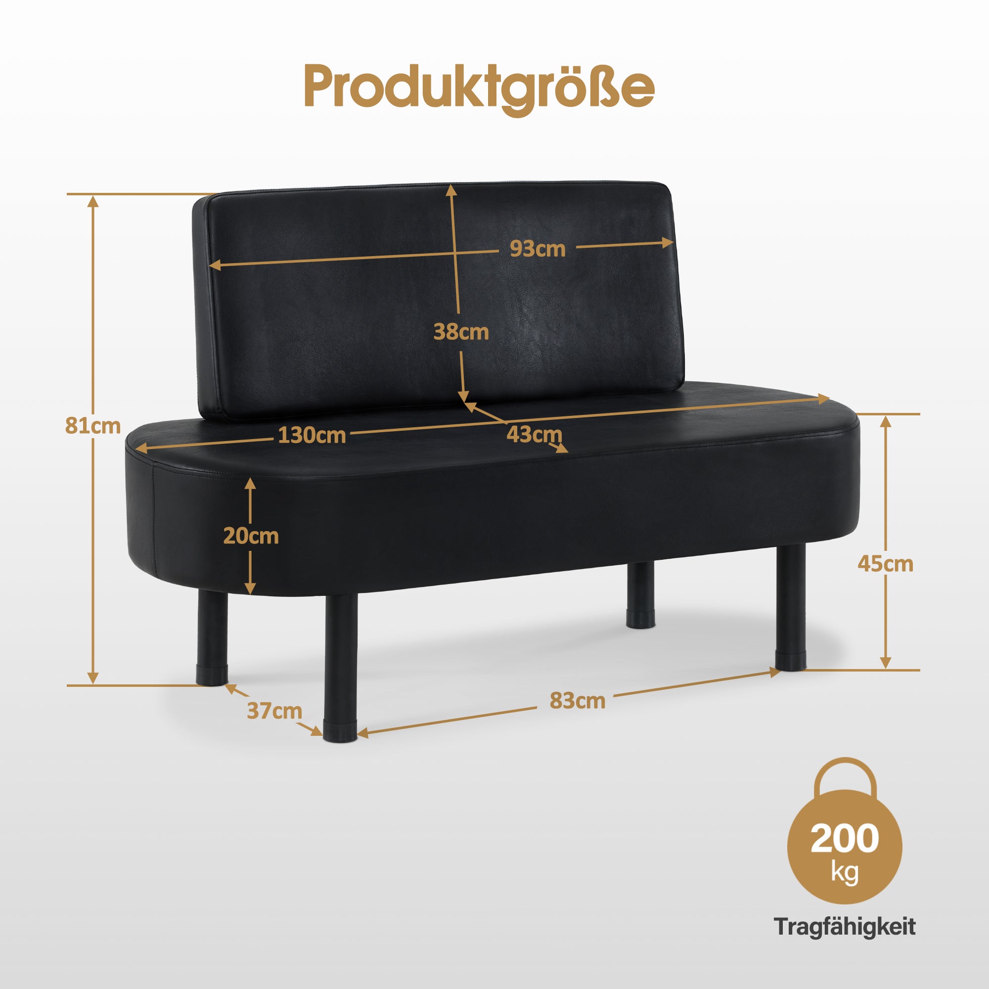 BarberPub 3-seater bench with backrest, 130 cm waiting bench for hair salon, upholstered bench with backrest, hallway bench black, living room bench, shoe bench W517 (black/faux leather)