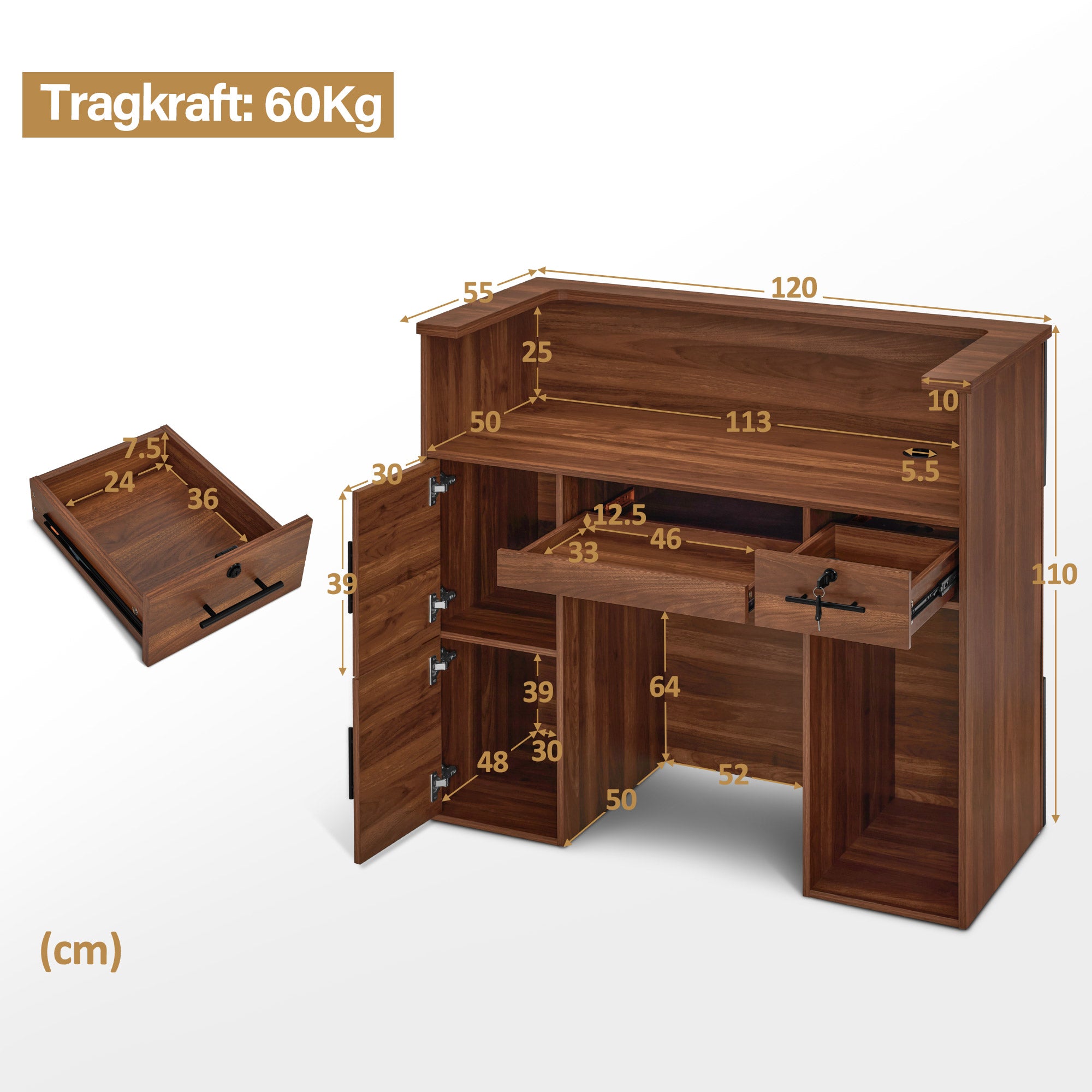 BarberPub Reception Desk with 2 Drawers & 3 Cabinets, Lockable Reception Table, Wooden Reception Counter, Reception Desk Cashier Desk for Hair Salon, 55x120x110 cm, R9760 (Brown)