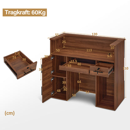 BarberPub Reception Desk with 2 Drawers & 3 Cabinets, Lockable Reception Table, Wooden Reception Counter, Reception Desk Cashier Desk for Hair Salon, 55x120x110 cm, R9760 (Brown)