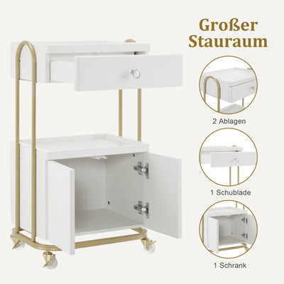 Carrello da barbiere BarberPub con ruote e cassetto, carrello da parrucchiere bianco e oro, trolley da salone con 2 ripiani e armadietto, moderno carrello da lavoro per bagno e soggiorno, 36x50x87 cm, 0086
