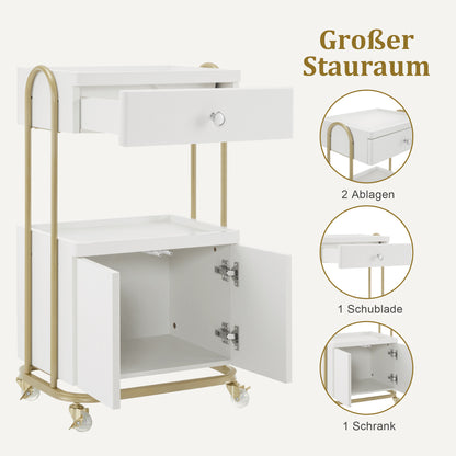 Desserte BarberPub avec roulettes et tiroir, desserte de coiffure blanc-doré, desserte de salon avec 2 étagères et armoire, desserte de travail moderne pour salle de bain et salon, 36 x 50 x 87 cm, 0086