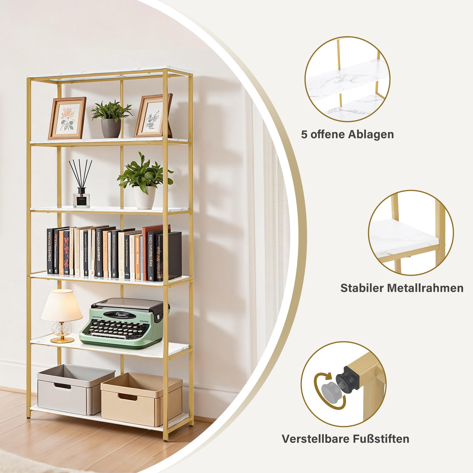 BarberPub Étagère Dorée, Étagère sur Pieds à 5 Niveaux, Étagère de Bureau avec Cadre Métallique, Étagère pour Bureau, Salon, Chambre, Cuisine, Salon de Manucure, 30x80x180cm, 5166