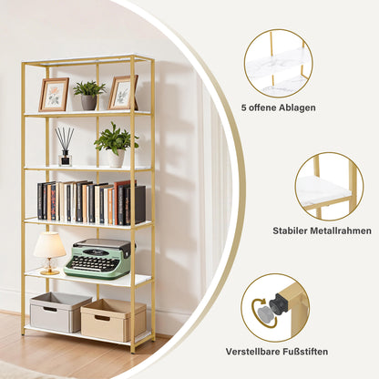 BarberPub Étagère Dorée, Étagère sur Pieds à 5 Niveaux, Étagère de Bureau avec Cadre Métallique, Étagère pour Bureau, Salon, Chambre, Cuisine, Salon de Manucure, 30x80x180cm, 5166