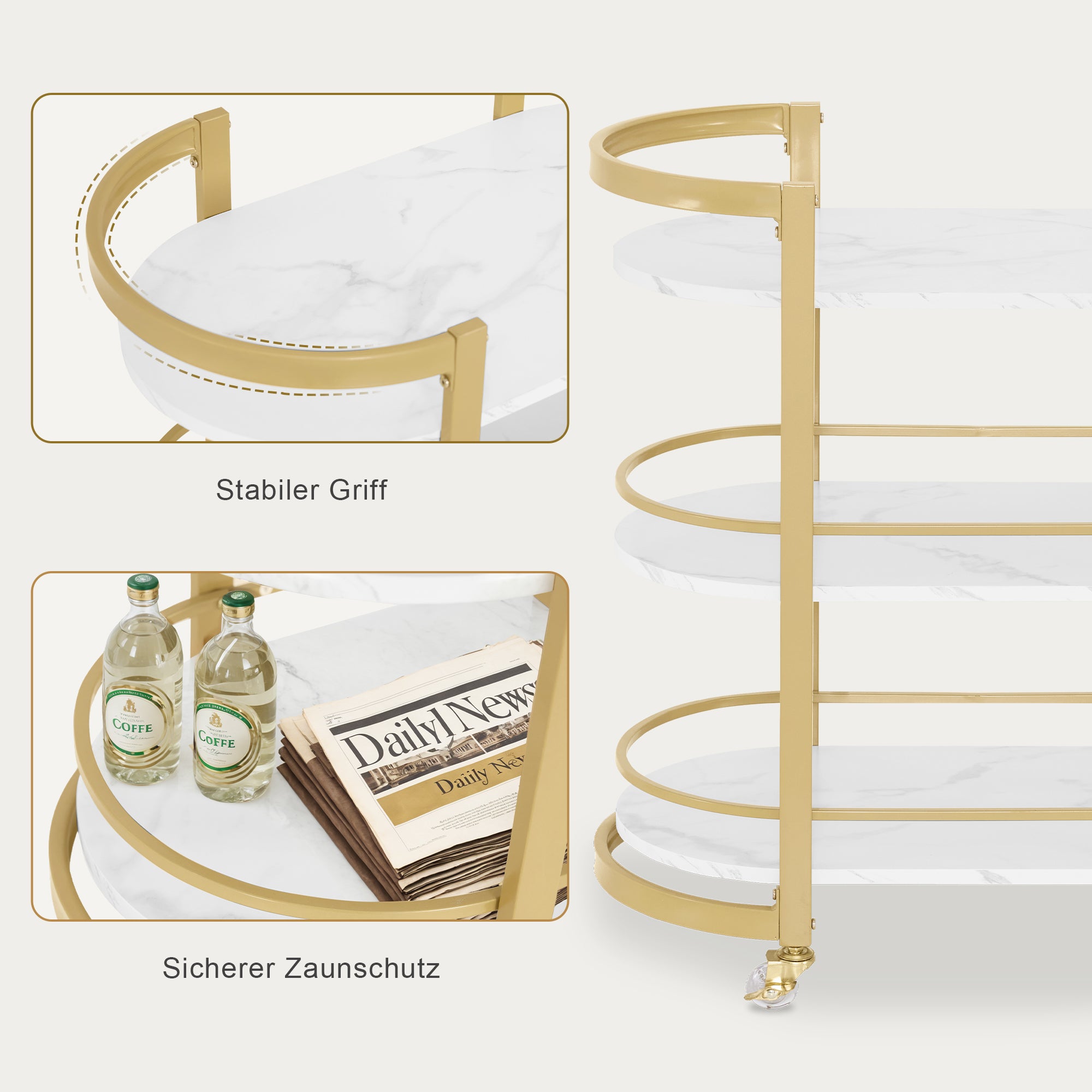 Desserte de bar BarberPub à roulettes, cadre en métal blanc et doré, moderne et polyvalente à 3 niveaux, pour cuisine, salle de bain, salon, bureau, 40 x 75,5 x 80 cm, 0034