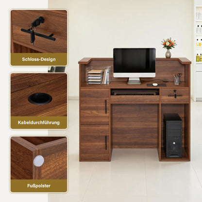 BarberPub Reception Desk with 2 Drawers & 3 Cabinets, Lockable Reception Table, Wooden Reception Counter, Reception Desk Cashier Desk for Hair Salon, 55x120x110 cm, R9760 (Brown)