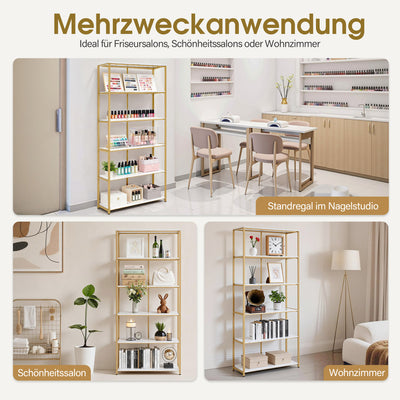 Libreria BarberPub color oro, scaffale autoportante a 5 ripiani con struttura in metallo, scaffale per ufficio, soggiorno, camera da letto, cucina e studio di bellezza, 30x80x180 cm, 5166