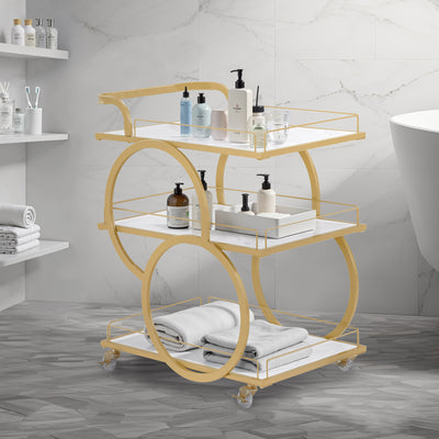 BarberPub carrello da servizio con ruote, carrello da cucina e bar in metallo bianco e oro, moderno carrello multiuso con 3 ripiani, per cucina, bagno, soggiorno e centro estetico, 65x43x70, 0074
