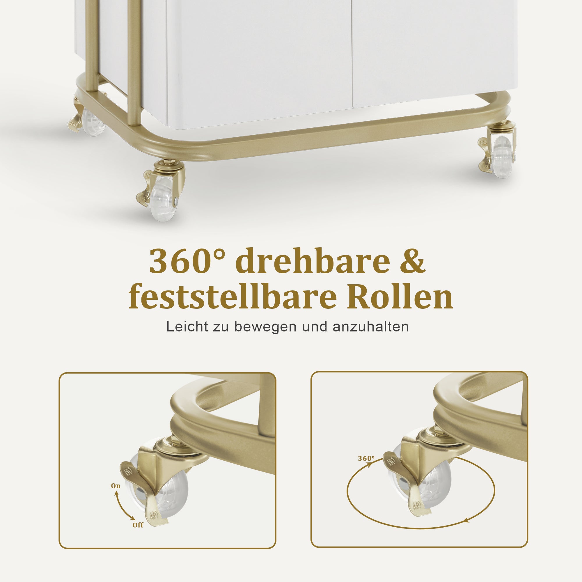 Desserte BarberPub avec roulettes et tiroir, desserte de coiffure blanc-doré, desserte de salon avec 2 étagères et armoire, desserte de travail moderne pour salle de bain et salon, 36 x 50 x 87 cm, 0086