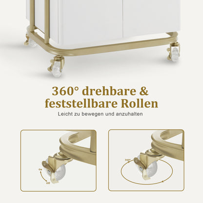 Desserte BarberPub avec roulettes et tiroir, desserte de coiffure blanc-doré, desserte de salon avec 2 étagères et armoire, desserte de travail moderne pour salle de bain et salon, 36 x 50 x 87 cm, 0086