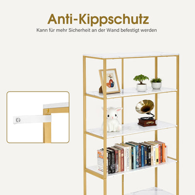 Libreria BarberPub color oro, scaffale autoportante a 5 ripiani con struttura in metallo, scaffale per ufficio, soggiorno, camera da letto, cucina e studio di bellezza, 30x80x180 cm, 5166
