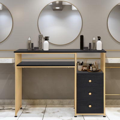 BarberPub Table de manucure avec 3 tiroirs & 2 étagères, table à ongles en bois et structure métallique, table de nail art pour salon de beauté, 45,5x109x81cm, 2407