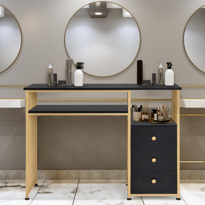 Bureau de barbier avec tiroirs, coiffeuse sans miroir, table à ongles en bois avec cadre en métal, table d'ordinateur pour le salon, moderne, 109 x 45,5 x 81 cm, 2407 