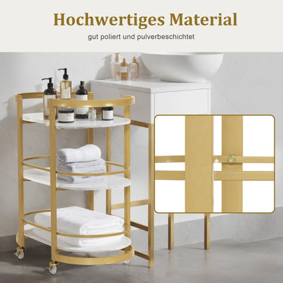 BarberPub Serving Cart with Wheels, Hairdresser's Trolley Bar Cart Metal Frame White-Gold, Modern Trolley Multi-Purpose Cart with 3 Levels, for Kitchen Bathroom Living Room Office, 40x75.5x80, 0034