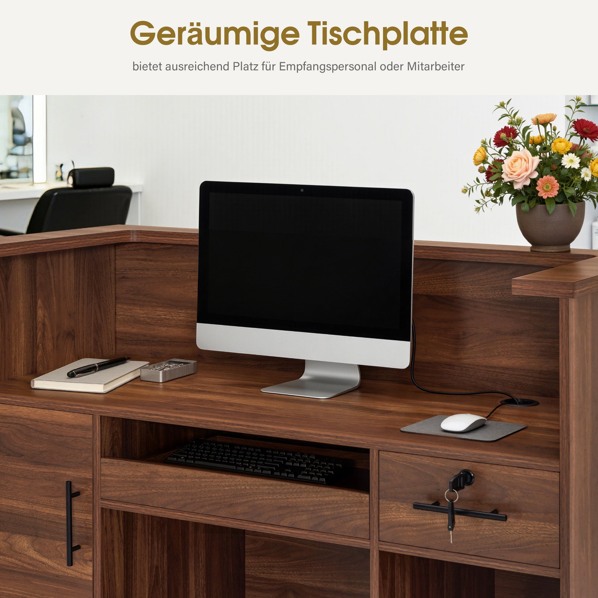 BarberPub Reception Desk with 2 Drawers & 3 Cabinets, Lockable Reception Table, Wooden Reception Counter, Reception Desk Cashier Desk for Hair Salon, 55x120x110 cm, R9760 (Brown)