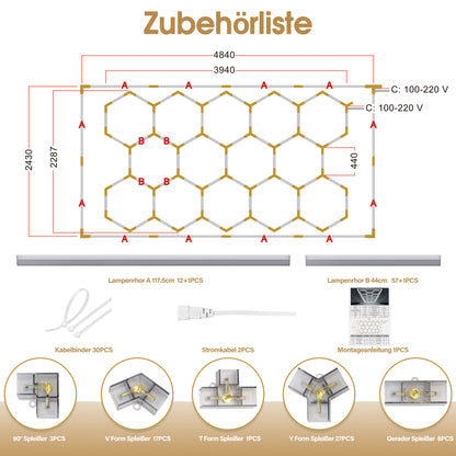 Éclairage LED hexagonal pour garage, 68 970 lm, 6 500 K, pour atelier, salon de coiffure, grille 14 