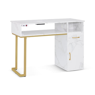 Tavolo da manicure BarberPub con cassetto e armadietto, tavolo per unghie con aspiratore, 3 prese elettriche, 2 sacchetti per aspirapolvere, tavolo per manicure in legno, scrivania per centro estetico, marmo bianco e oro, 50x110x82 cm, 2491