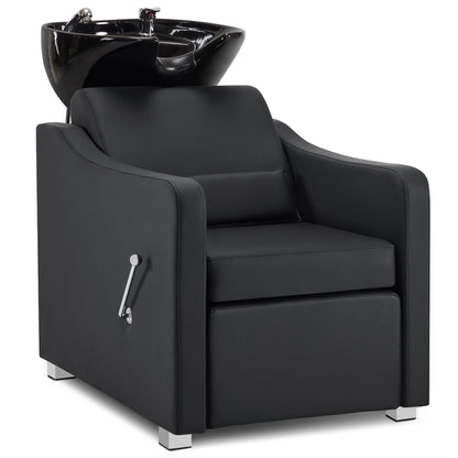 BarberPub Barber Chair with Washbasin, Foldable Leg Rest, Adjustable Ceramic Barber Washbasin, Barber Wash Chair for SPA Salon, Barber Wash Station W8675